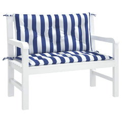 Two-piece blue and white striped garden bench cushions with ties, 39.4x19.7x2.8 inches.