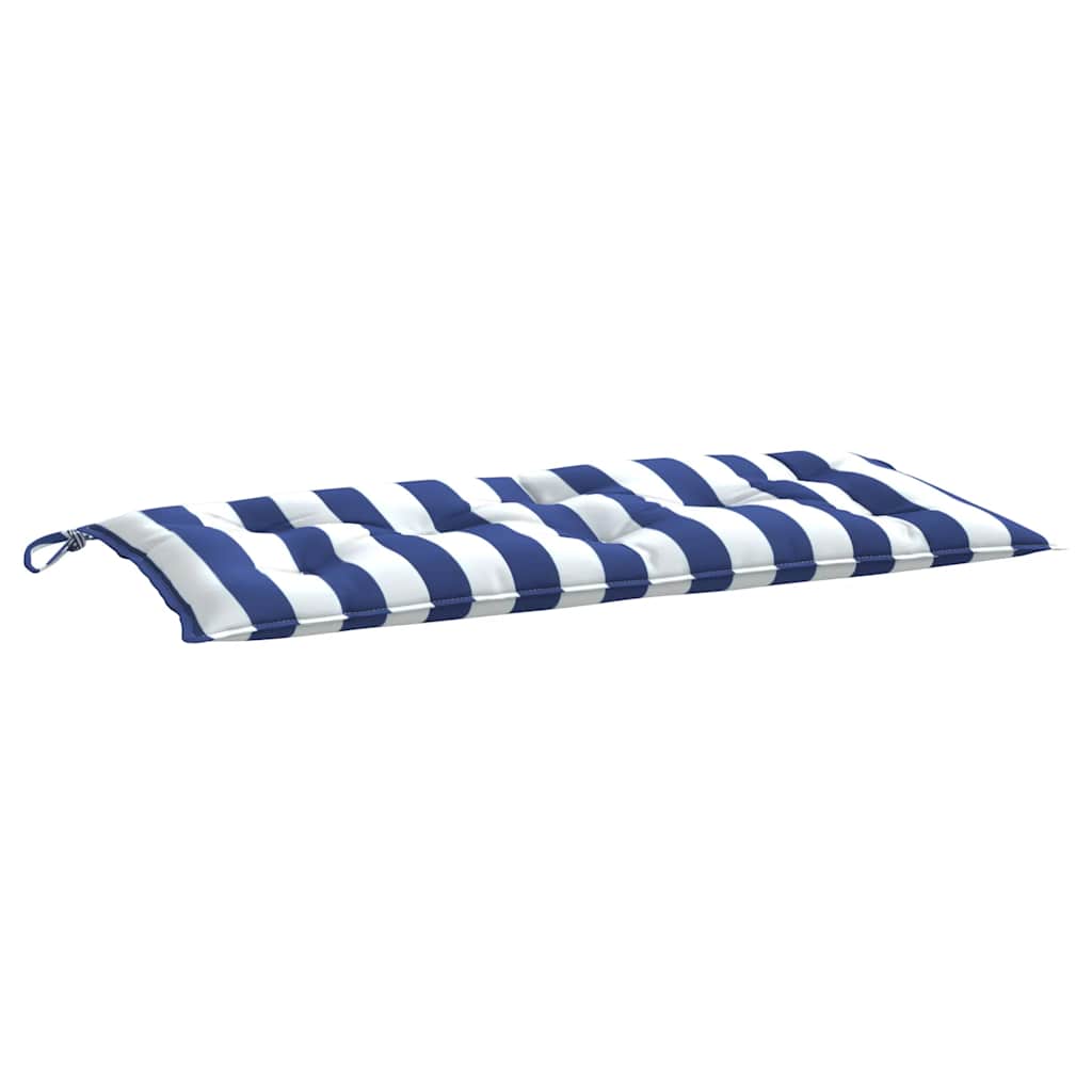 Two blue and white striped garden bench cushions are shown on a white background.