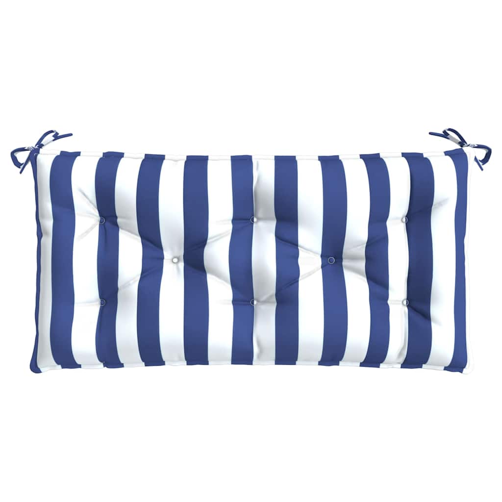 Two blue and white striped garden bench cushions with ties, 39.4x19.7x2.8 inches.