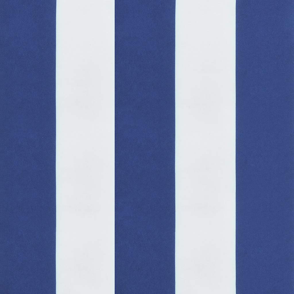 Two blue and white striped garden bench cushions, each 39.4 by 19.7 by 2.8 inches.