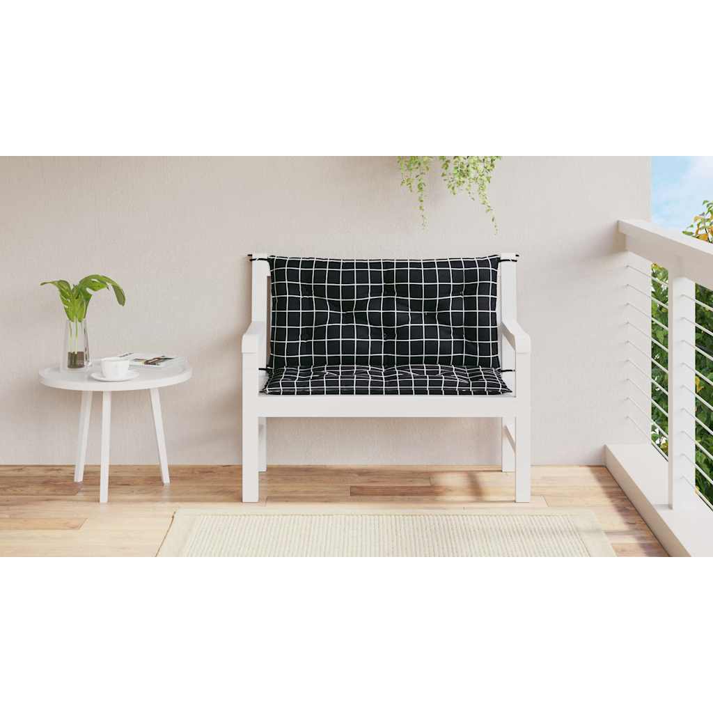 Two black check garden bench cushions, 39.4x19.7x2.8in, on a white wooden bench.