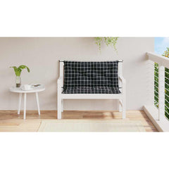 Two black check garden bench cushions, 39.4x19.7x2.8in, on a white wooden bench.
