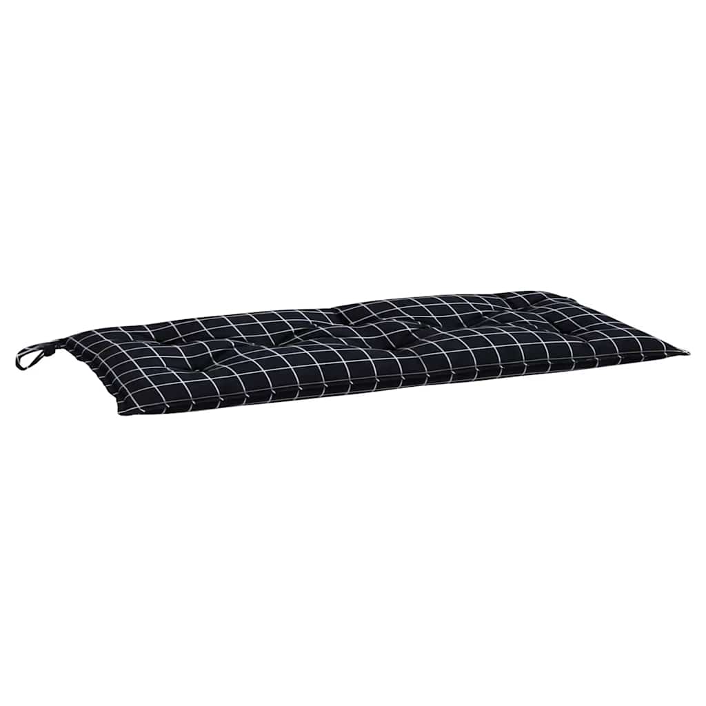 Two black checkered garden bench cushions, 39.4x19.7x2.8 inches each, with ties.