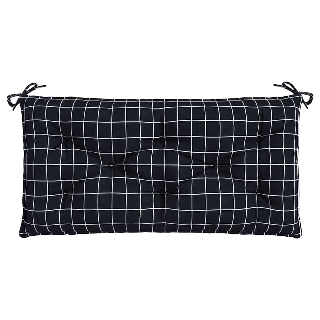 Two black checkered garden bench cushions, 39.4x19.7x2.8 inches each, with ties.