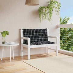 Two black check garden bench cushions with ties, sized 39.4x19.7x2.8 inches, on a white wooden bench.