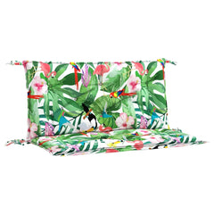 Two multicolor garden bench cushions with tropical birds, leaves, and flowers pattern.