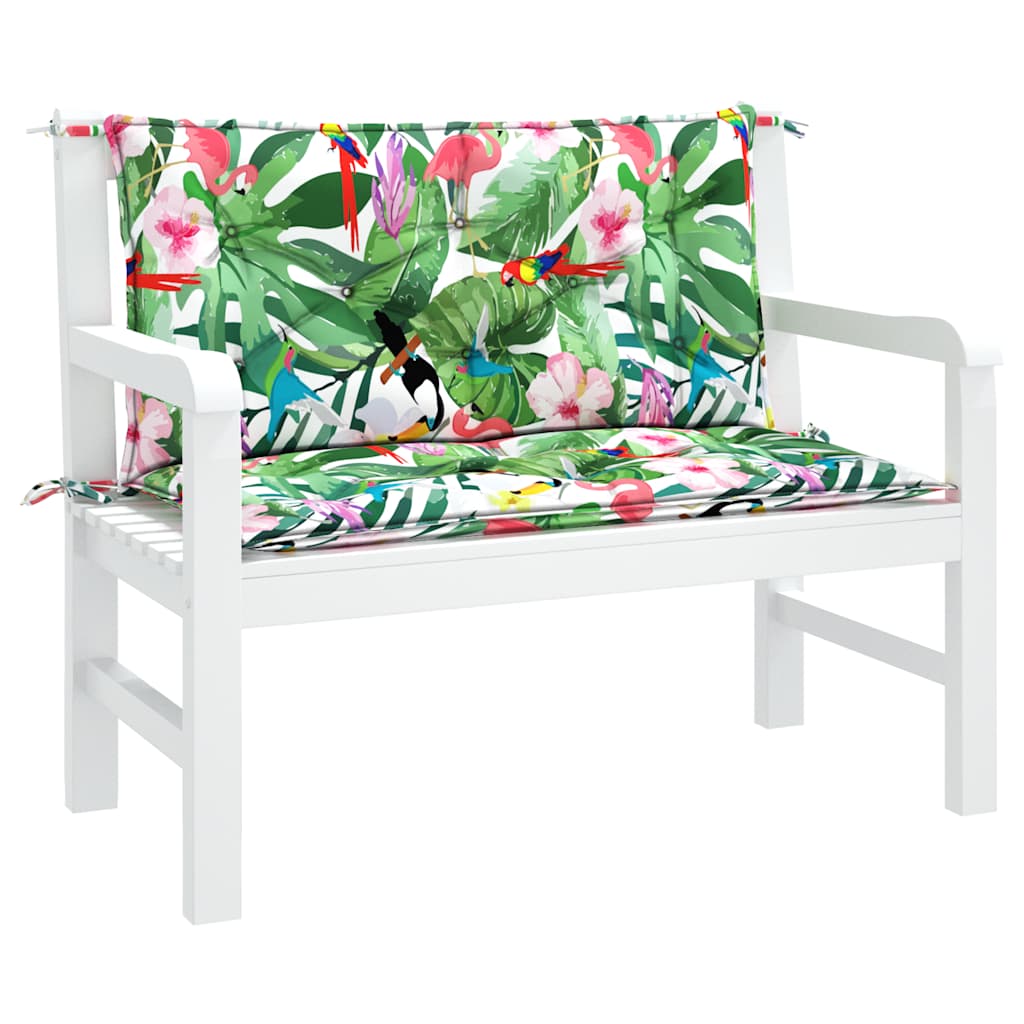 Two multicolor garden bench cushions with tropical bird, leaf, and flower print, sized 39.4x19.7x2.8 inches.