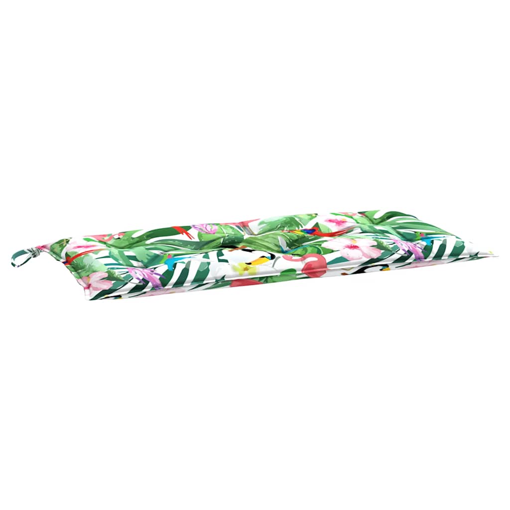 Two multicolor garden bench cushions with floral and bird print, measuring 39.4x19.7x2.8 inches.