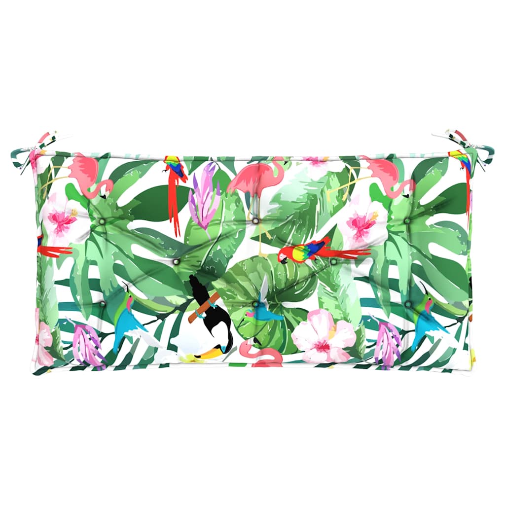 Two multicolor garden bench cushions with tropical birds, leaves, and flowers print, measuring 39.4x19.7x2.8 inches each.