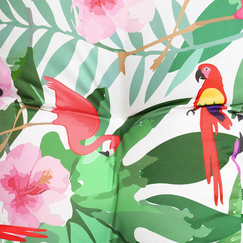Two multicolor garden bench cushions with tropical print of birds, leaves, and flowers.