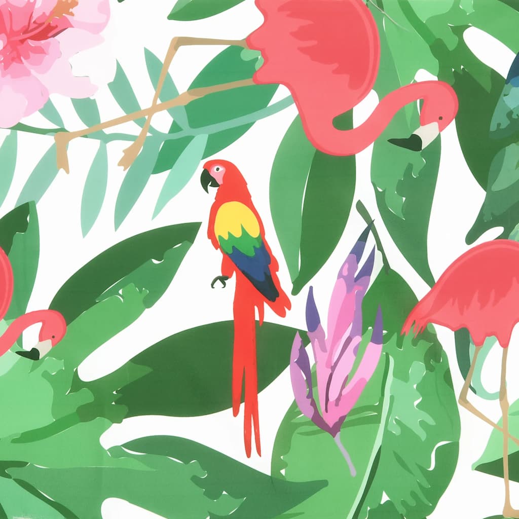 Two multicolor garden bench cushions with printed birds, leaves, and flowers.