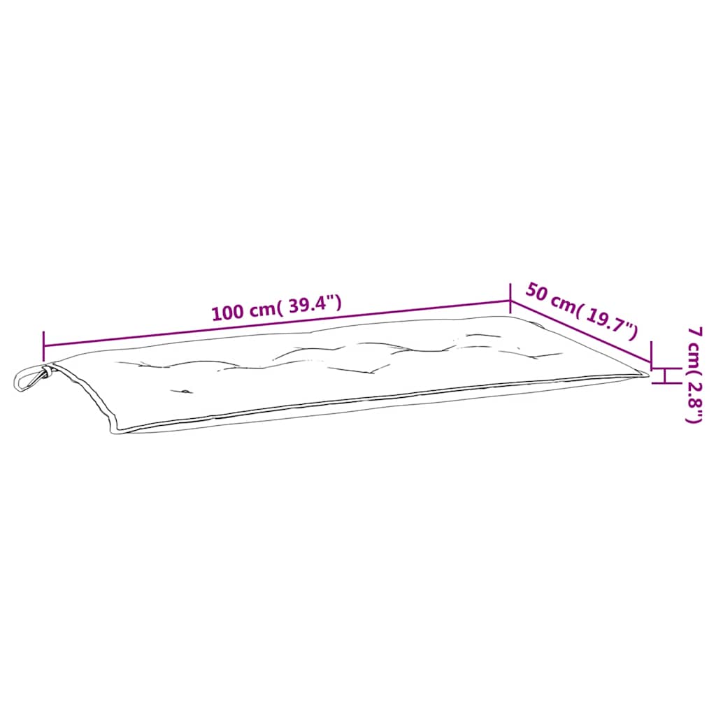 Two multicolor garden bench cushions, each 39.4 by 19.7 inches with ties, shown with dimensions.