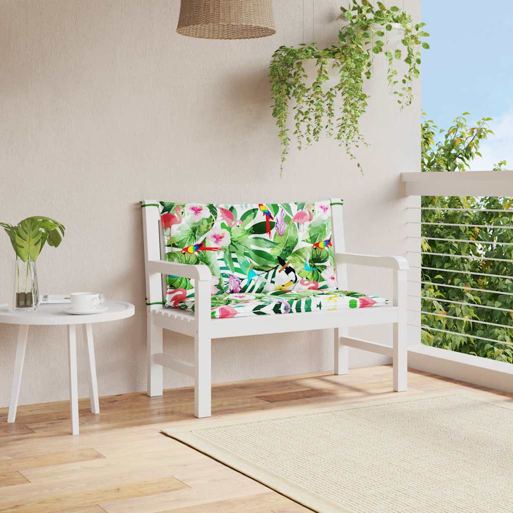 Two multicolor garden bench cushions with bird, leaf, and flower print, sized 39.4x19.7x2.8 inches.