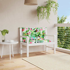 Two multicolor garden bench cushions with bird, leaf, and flower print, sized 39.4x19.7x2.8 inches.