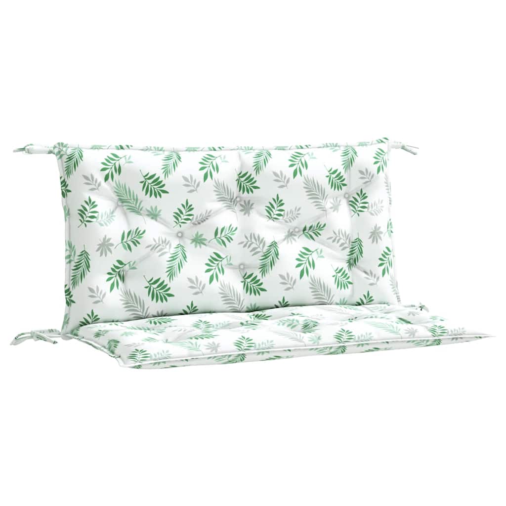 Two green leaf-patterned Oxford fabric cushions for a garden bench, one for seat and one for back.