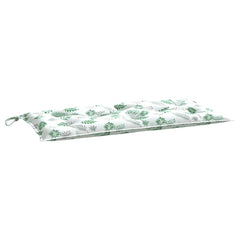 Two Bostome garden bench cushions with green leaf pattern on white Oxford fabric, featuring corner ties.
