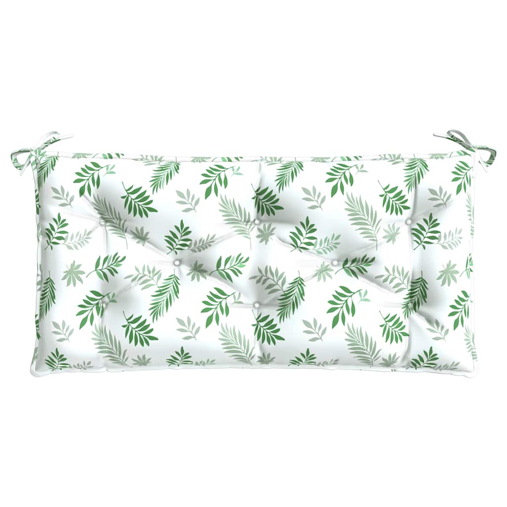 Two green leaf-patterned Oxford fabric bench cushions with ties for garden use.