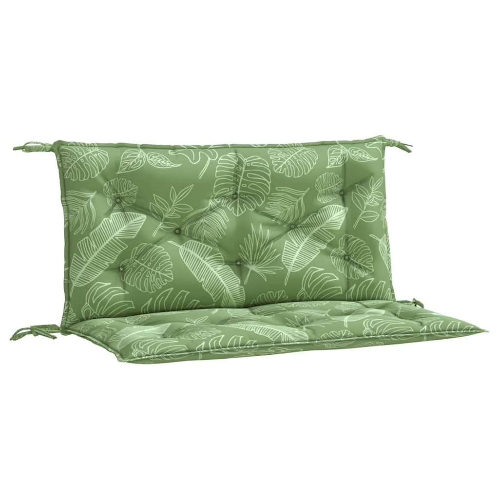 Two green leaf-patterned bench cushions, 39.4x19.7x2.8 inches, with ties.