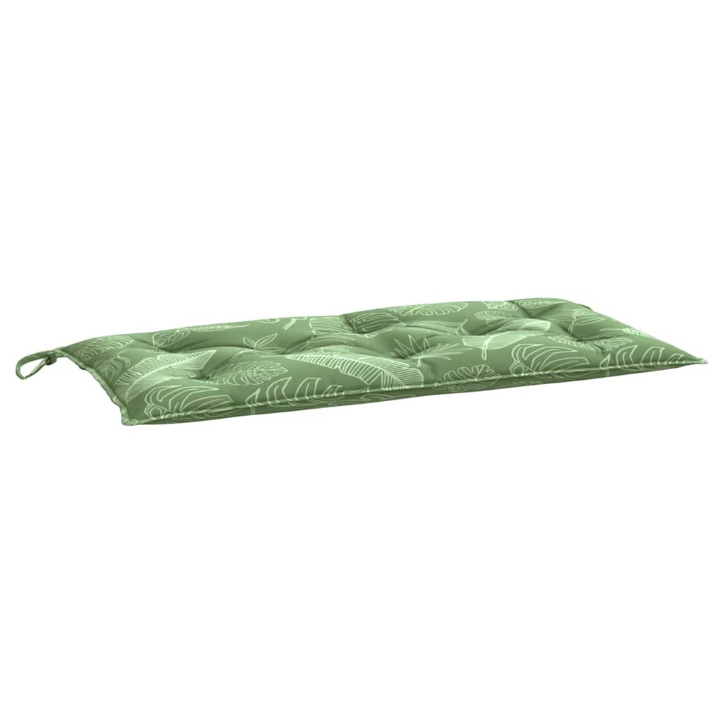 Two green leaf-patterned garden bench cushions, each 39.4x19.7x2.8 inches, with ties.
