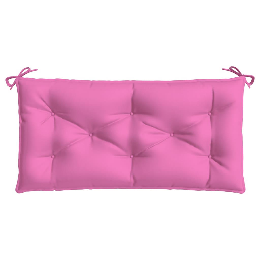 Two pink outdoor bench cushions with ties, tufted design, and rectangular shape.
