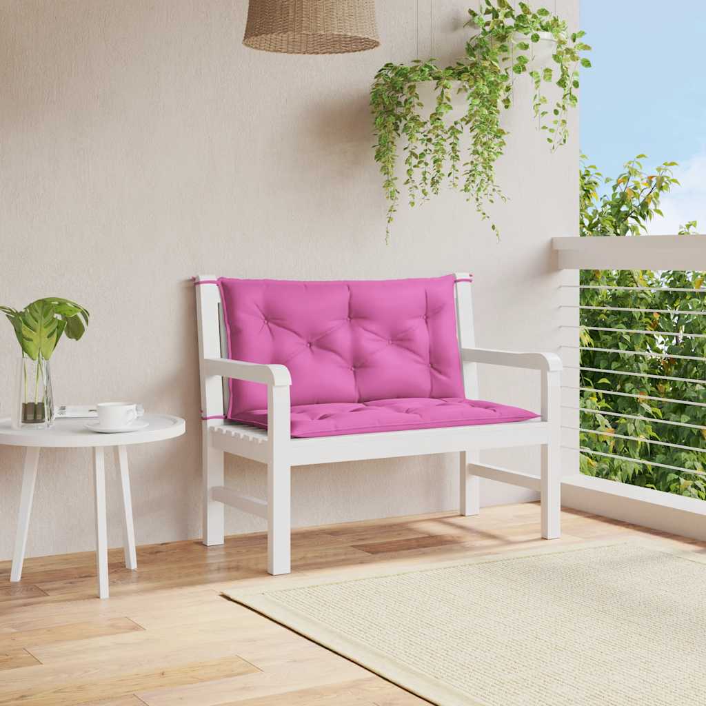 Two pink rectangular outdoor bench cushions with tufted design and ties, sized 39.4x19.7x2.8 inches.