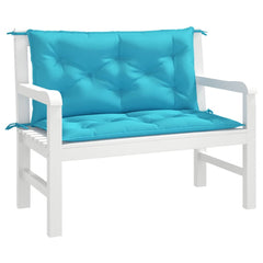 Turquoise padded garden bench cushions set with tufted design and tie straps, 2 pieces.