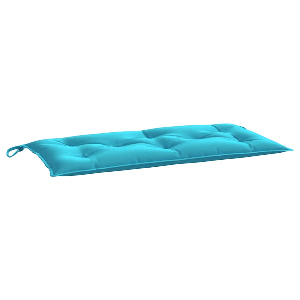 Two turquoise rectangular garden bench cushions with tufted design and ties, each 39.4x19.7x2.8 inches.