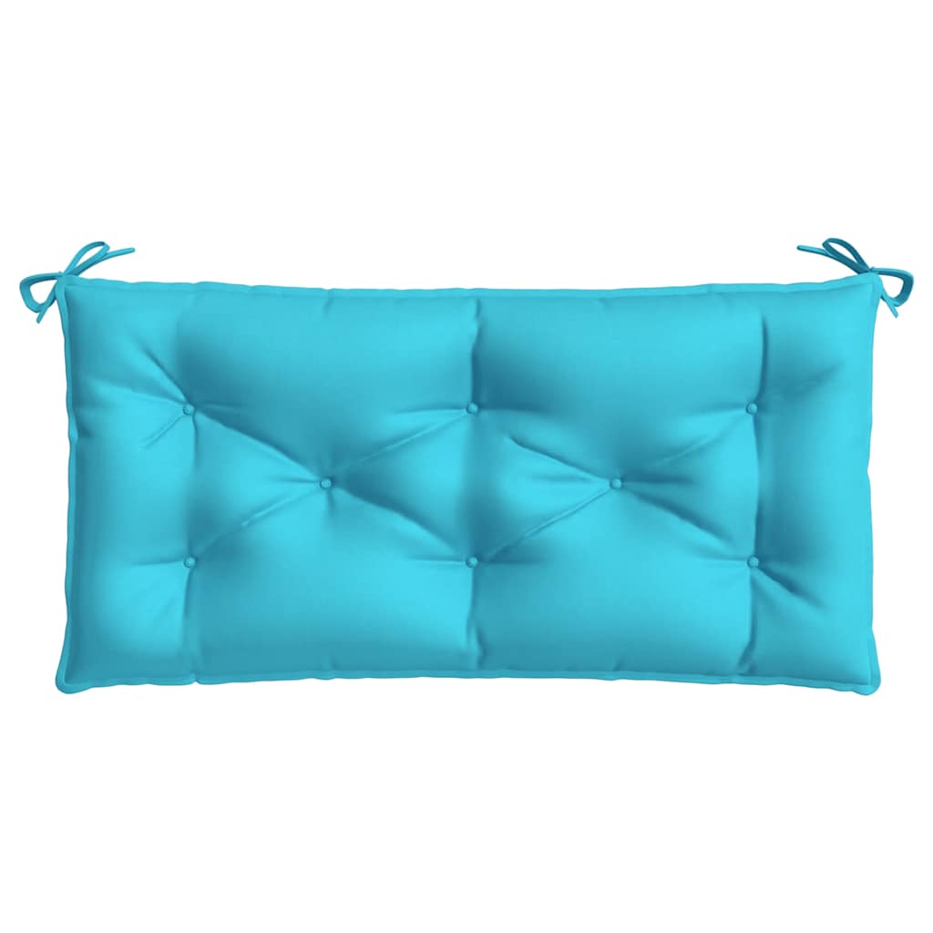 Two turquoise garden bench cushions, each 39.4x19.7x2.8 inches, with tufted design and tie straps.