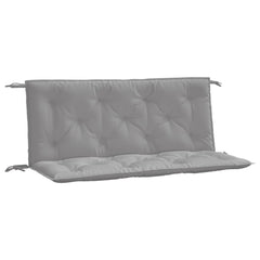 Gray Oxford fabric garden bench cushions with tufted design and tie straps, 2-pack.