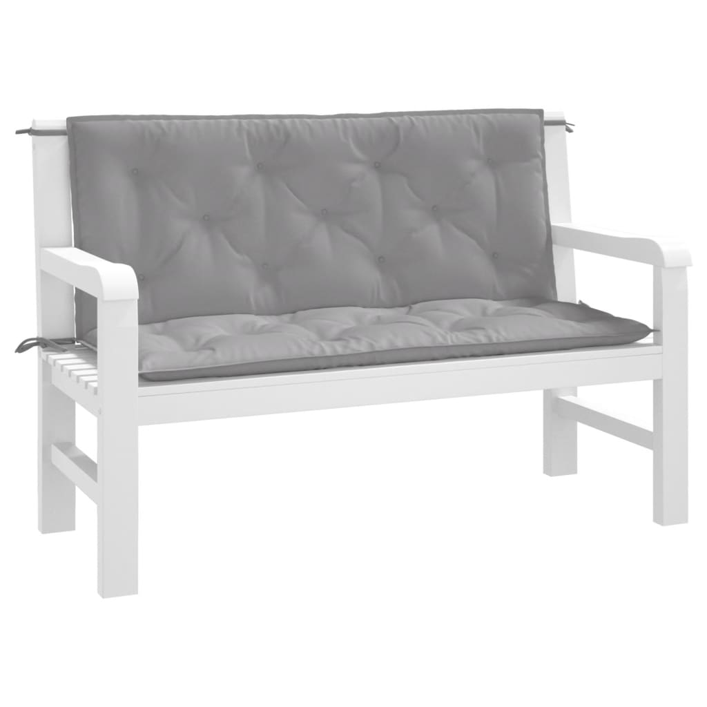 Two gray Oxford fabric bench cushions, 47x20 inches, for garden benches.