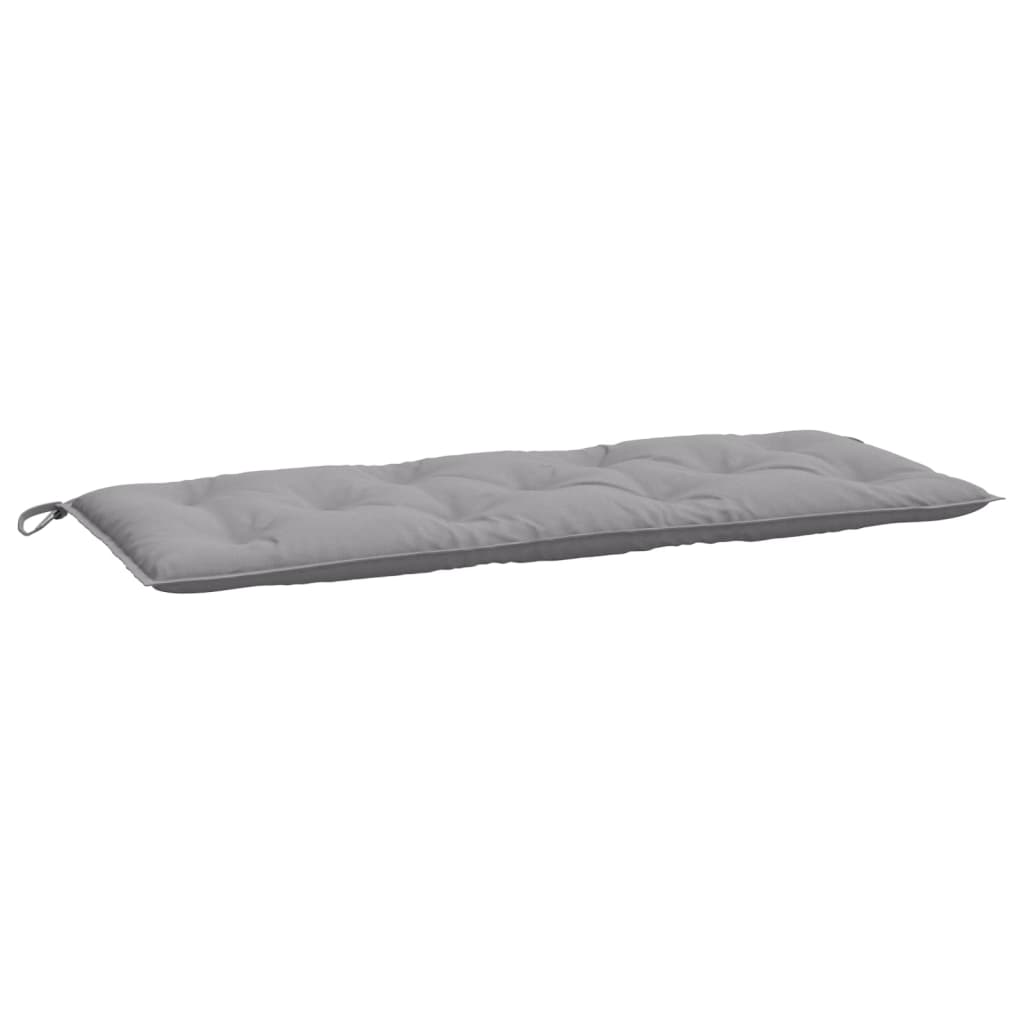 Two gray Oxford fabric garden bench cushions, each 47x20 inches, with tufted padding and securing ropes.