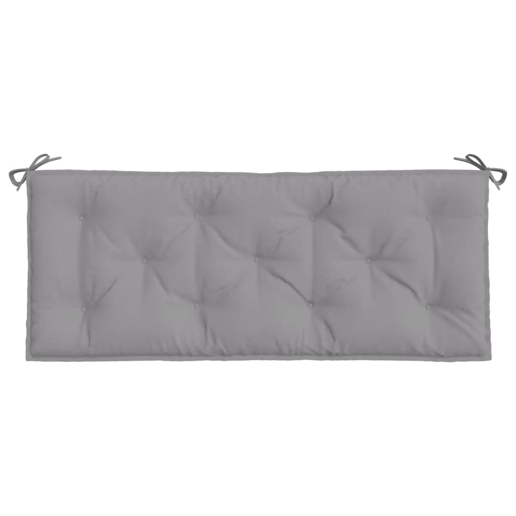 Two gray Oxford fabric garden bench cushions with tufted design and tie straps, 47x20 inches each.