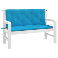 Light blue Oxford fabric garden bench cushions set of 2 with non-slip ropes and hollow fiber filling.