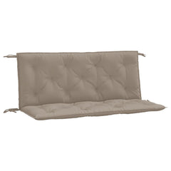 Two taupe garden bench cushions with tufted Oxford fabric and tie straps.