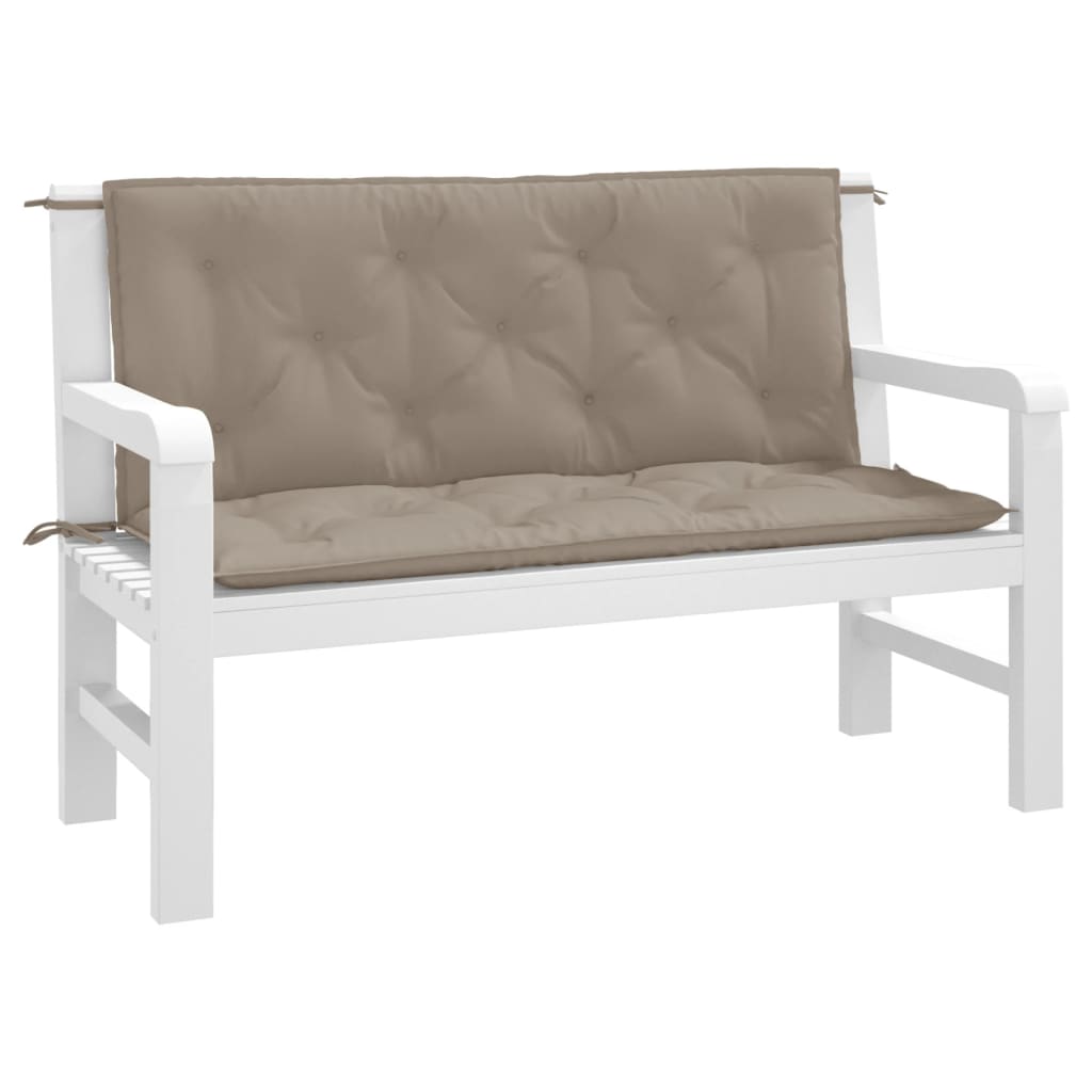 Taupe Oxford fabric garden bench cushions, 2-pack, with non-slip ropes.