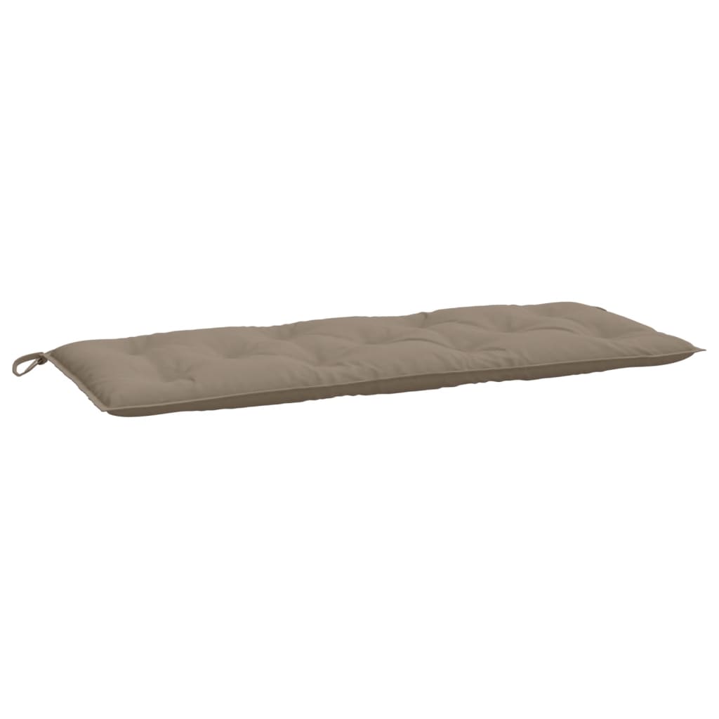 Two taupe Oxford fabric garden bench cushions with tufted design and ties.