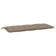 Two taupe Oxford fabric garden bench cushions with tufted design and ties.