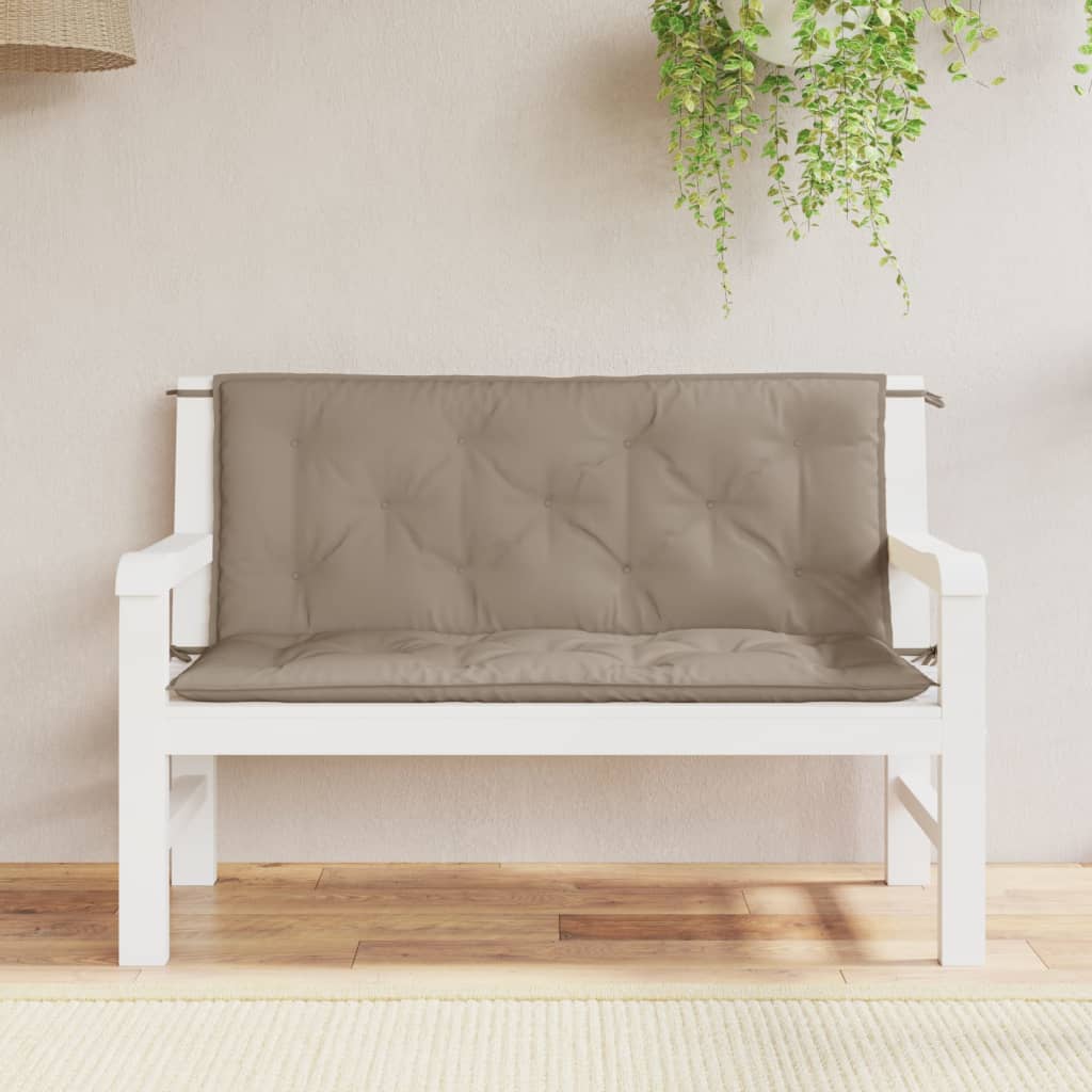 Two taupe Oxford fabric bench cushions with tufted design and non-slip ties, sized 47.2 x 19.7 x 2.8 inches.