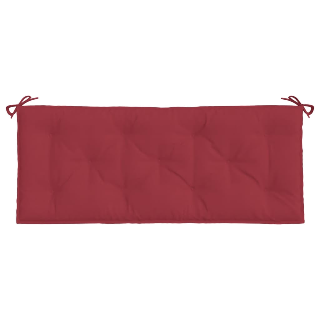 Two wine red Oxford fabric garden bench cushions with tufting and tie attachments.