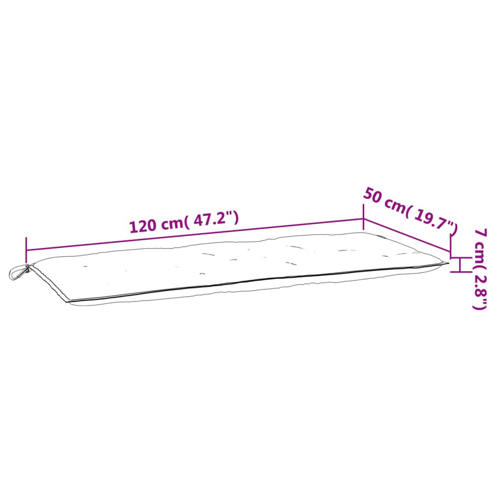 Diagram of wine red garden bench cushions measuring 120 cm by 50 cm.