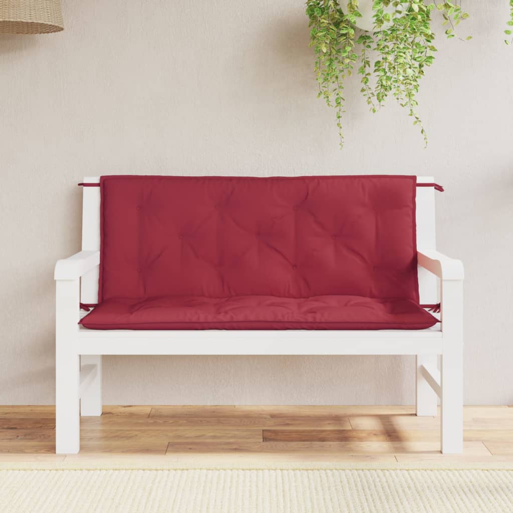 Two wine red Oxford fabric garden bench cushions, one for seat and one for back, with non-slip ropes.