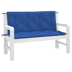 Blue Oxford fabric garden bench cushions in two pieces, water-resistant and plush.