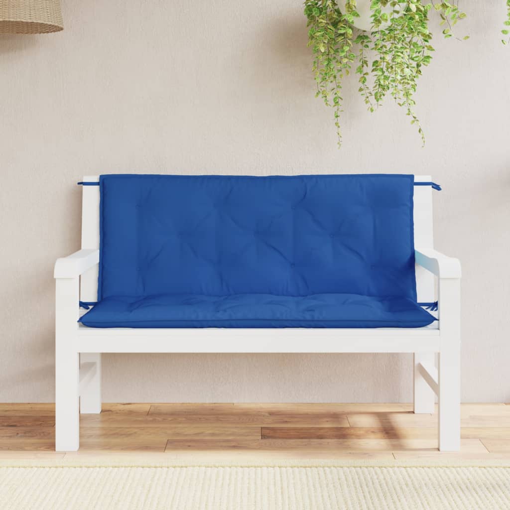 Blue Oxford fabric garden bench cushions, two pieces, water-resistant and plush.