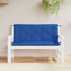 Blue Oxford fabric garden bench cushions, two pieces, water-resistant and plush.