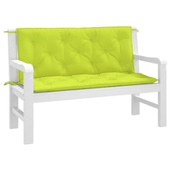 Bright green Oxford fabric garden bench cushions with tufted design and ties, 2-pack.