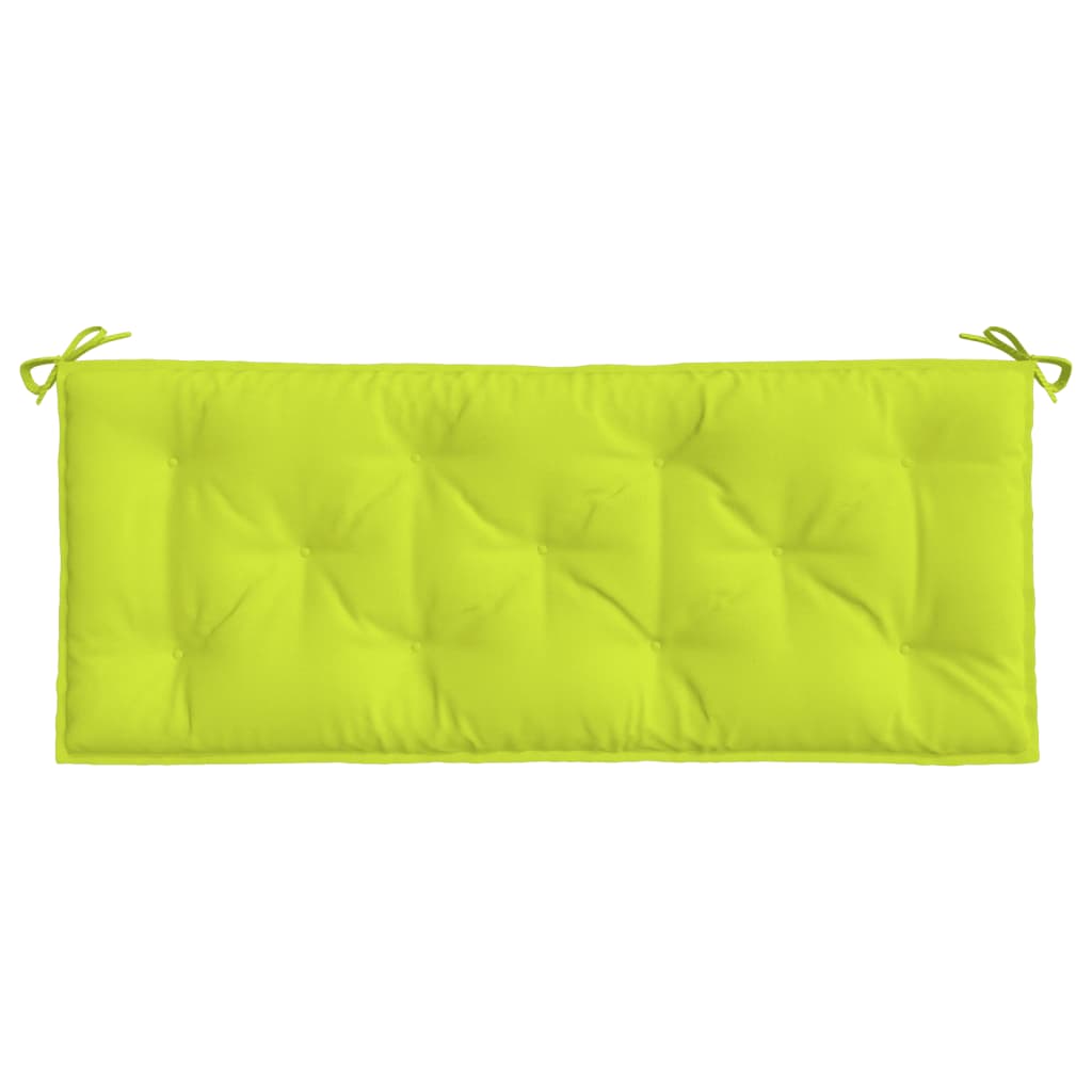 Bright green rectangular garden bench cushion with tufted design and tie straps on each end