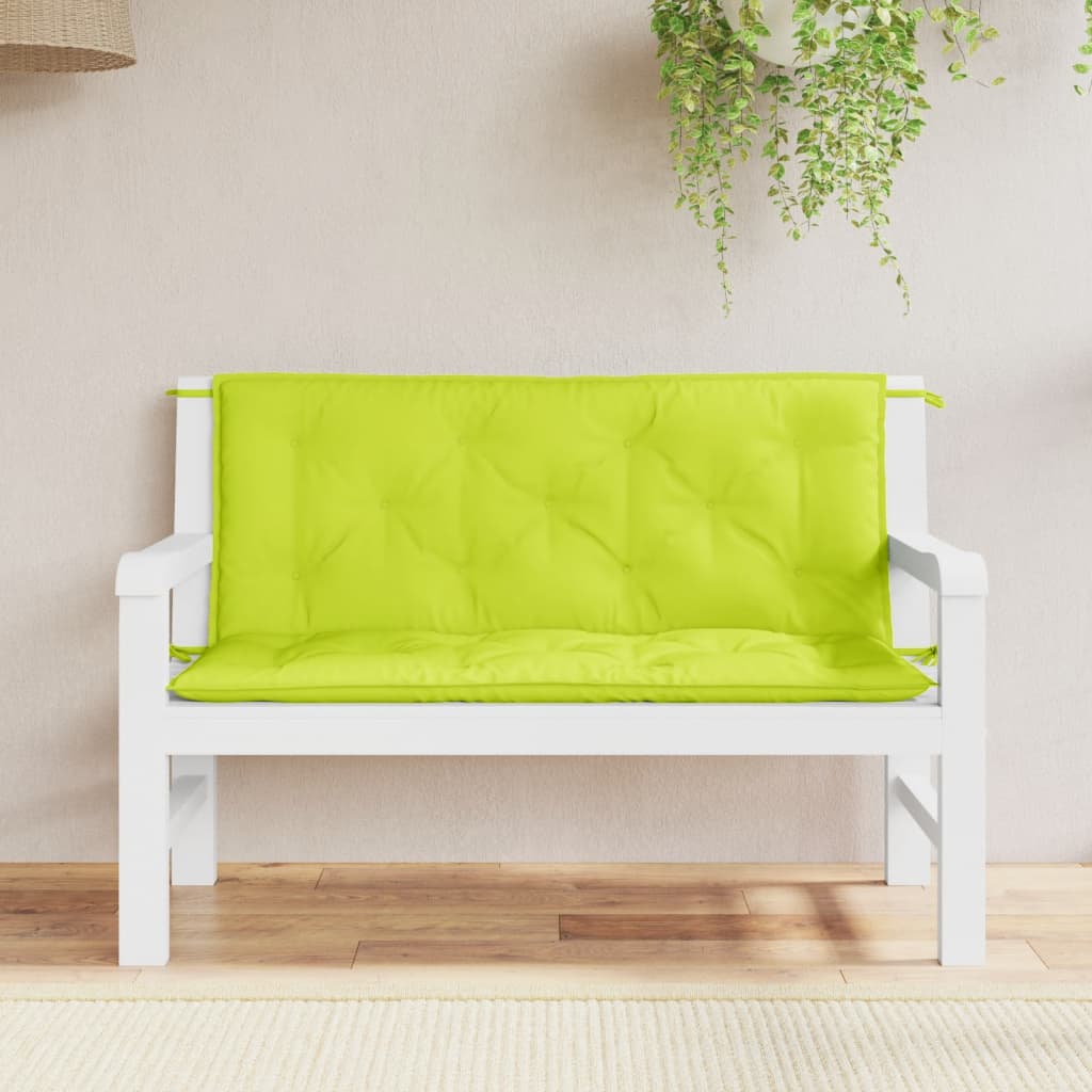 Two bright green Oxford fabric garden bench cushions with non-slip ties, soft hollow fiber filling.