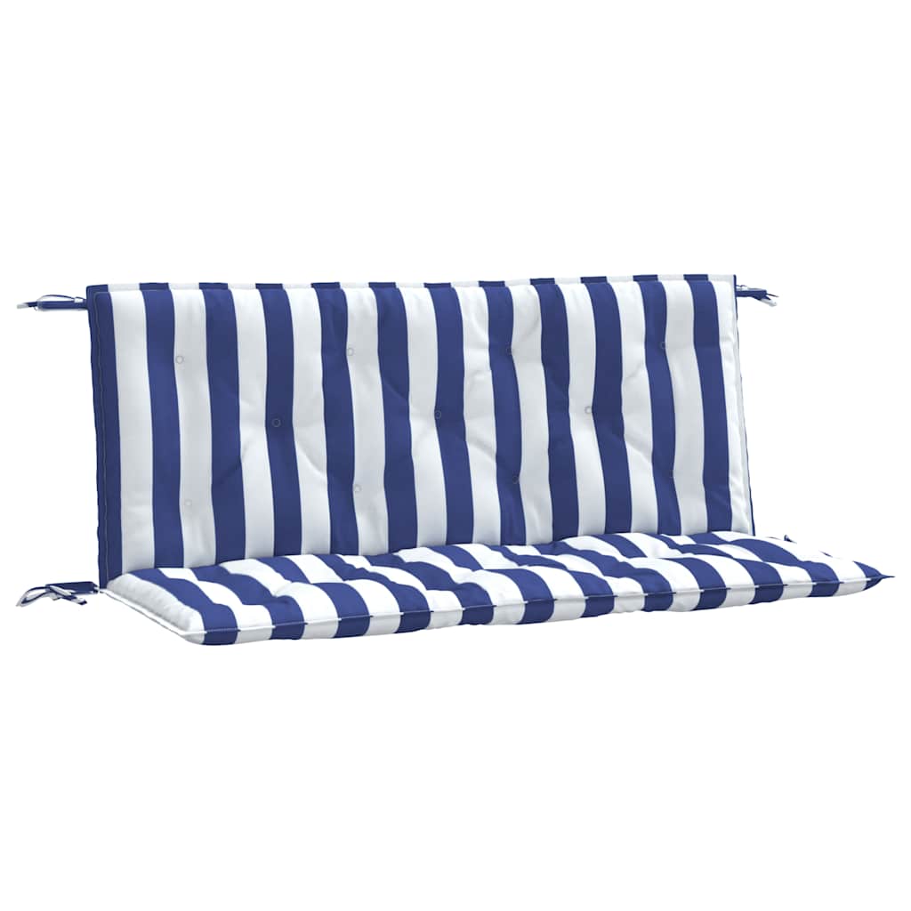 Two-piece blue and white striped garden bench cushions, each 47.2x19.7x2.8 inches, with ties.