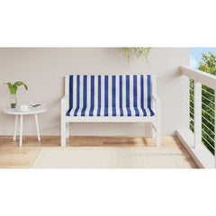 Blue and white striped garden bench cushions set with ties for outdoor seating comfort