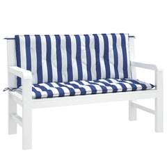 Two blue and white striped garden bench cushions, one for seat and one for back, with ties.